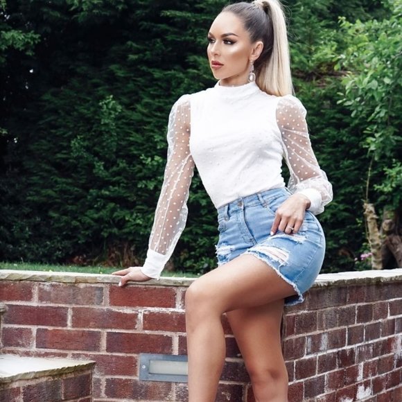 White Polka Dot Long Sheer Sleeve High Neck Top - Picture 2 of 5